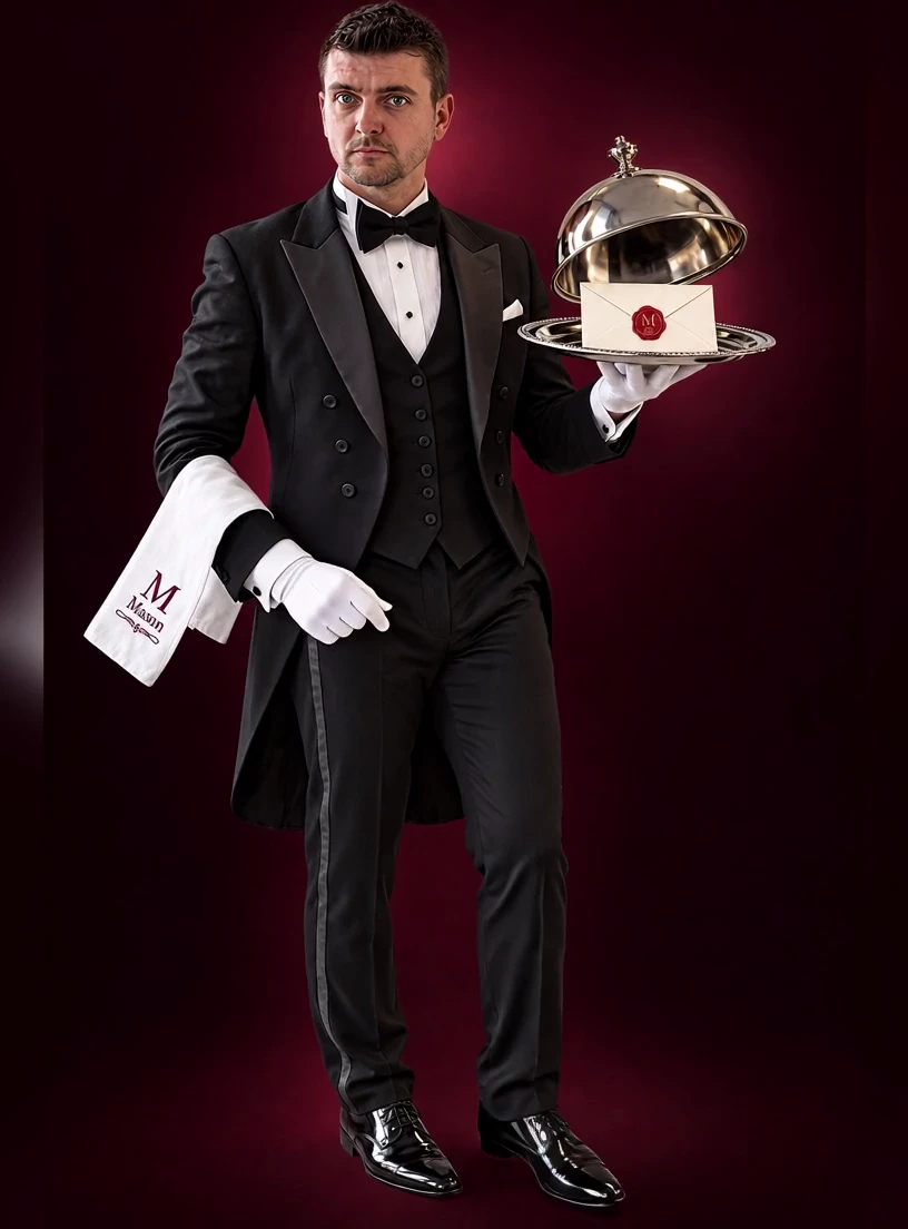Mason, in a black suit and white gloves, carries a sealed letter on a silver tray.
