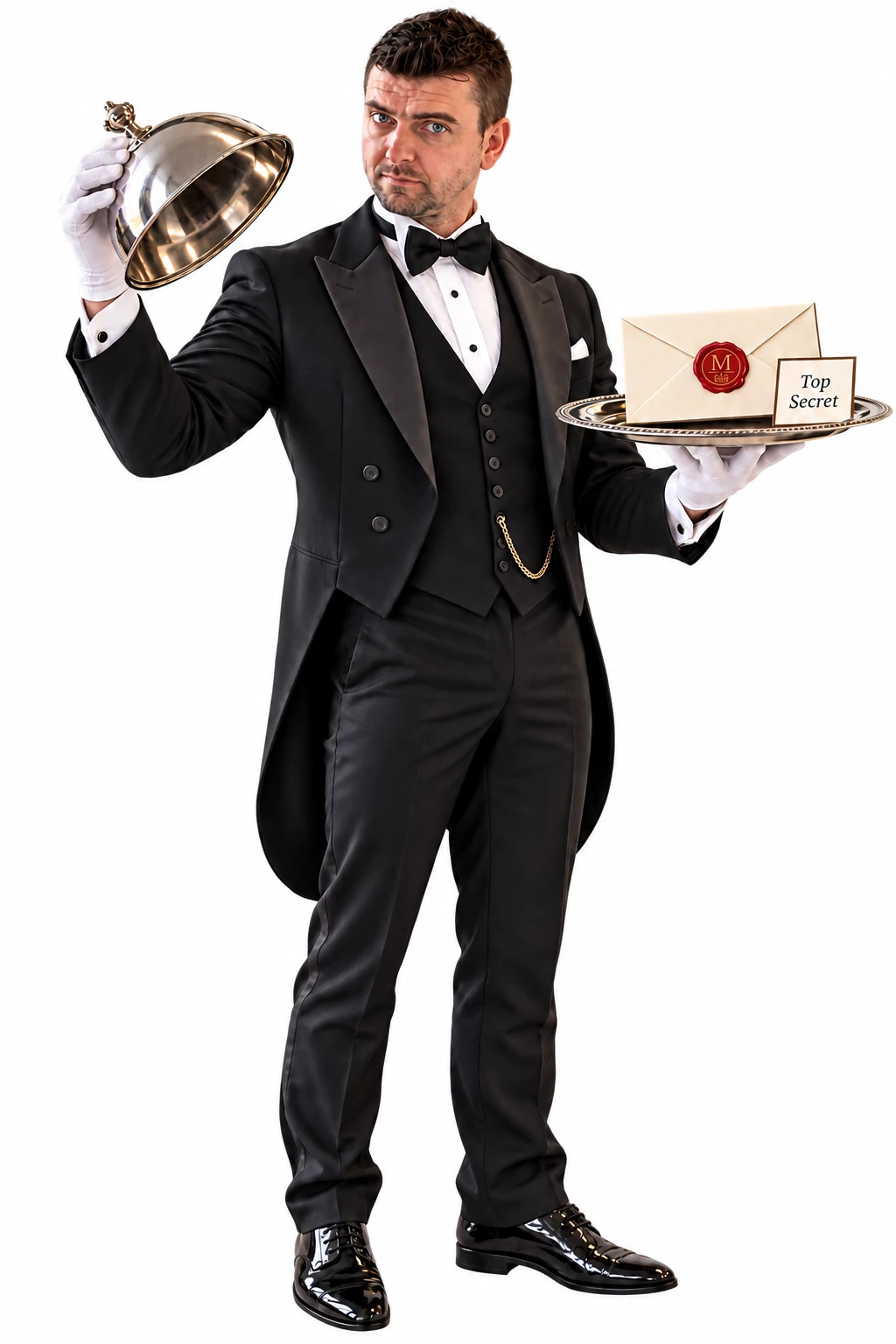 Mason lifts a silver cloche to reveal a sealed letter marked Top Secret.